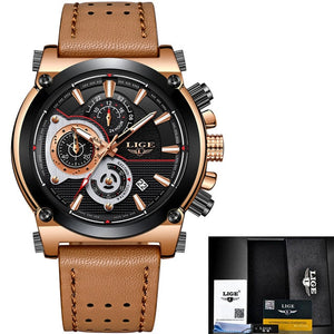 LIGE Mens Watches Top Brand Luxury Quartz Gold Watch Men Casual Leather Military Waterproof Sport Wrist Watch Relogio Masculino