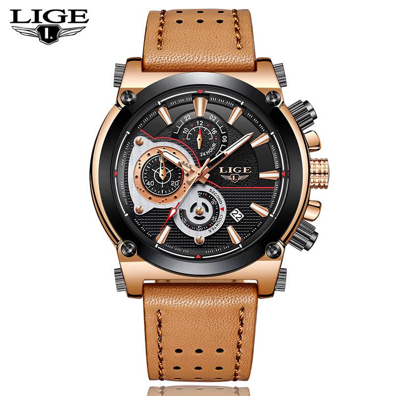 LIGE Mens Watches Top Brand Luxury Quartz Gold Watch Men Casual Leather Military Waterproof Sport Wrist Watch Relogio Masculino