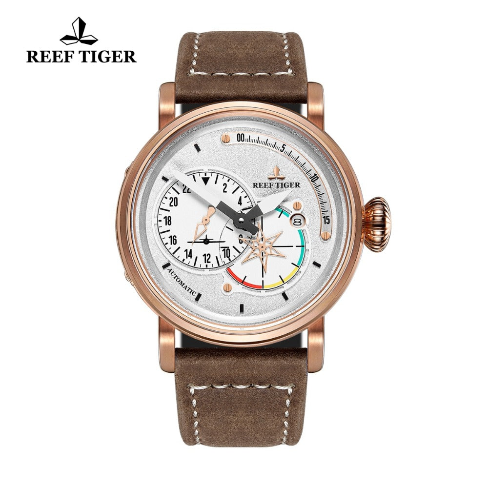 Reef Tiger/RT Pilot Watches for Men White Dial Rose Gold Military Watches Automatic Watch with Date  RGA3019