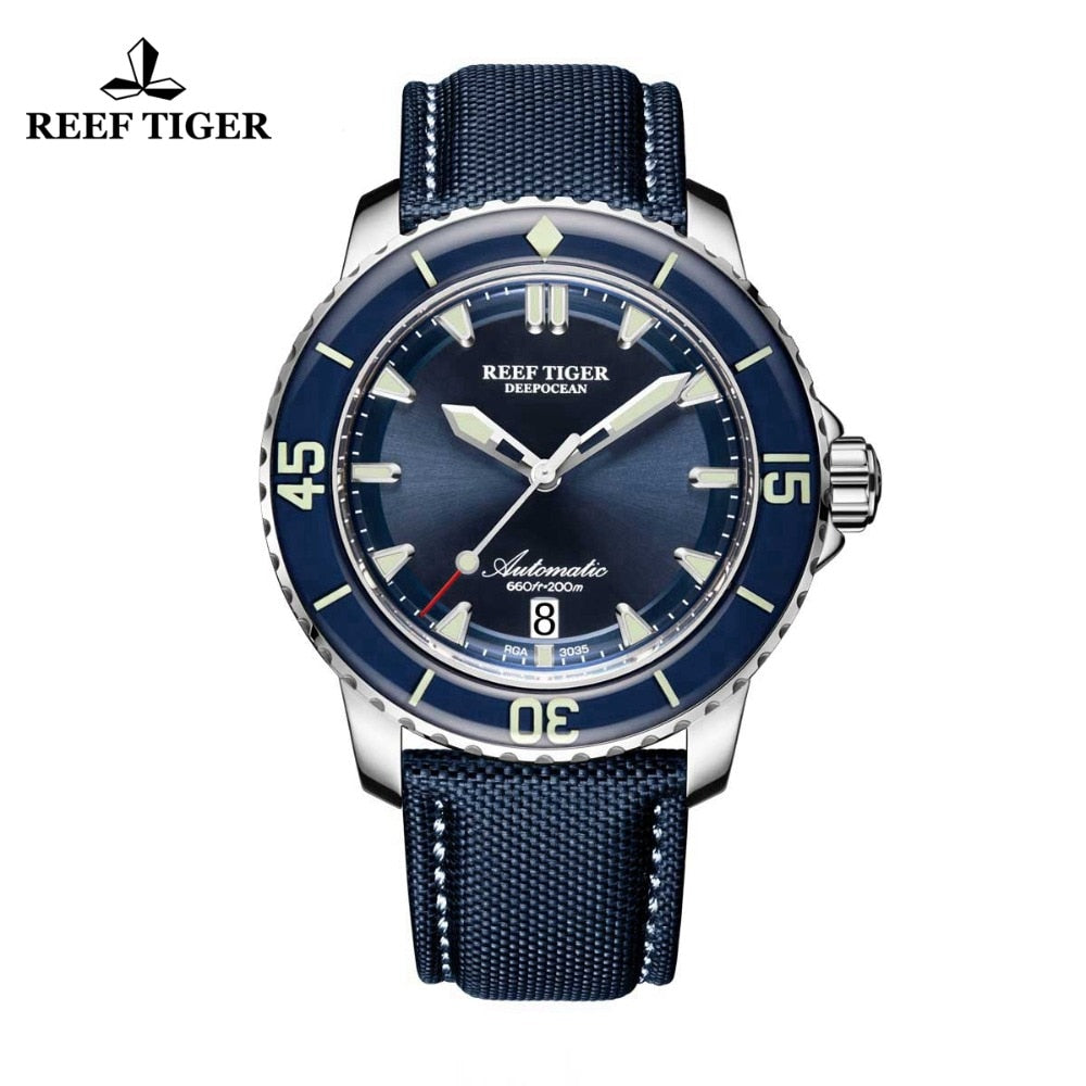 Reef Tiger/RT Super Luminous Dive Watches Mens Blue Dial Analog Automatic Watches Nylon Strap reloj hombre 2018 RGA3035