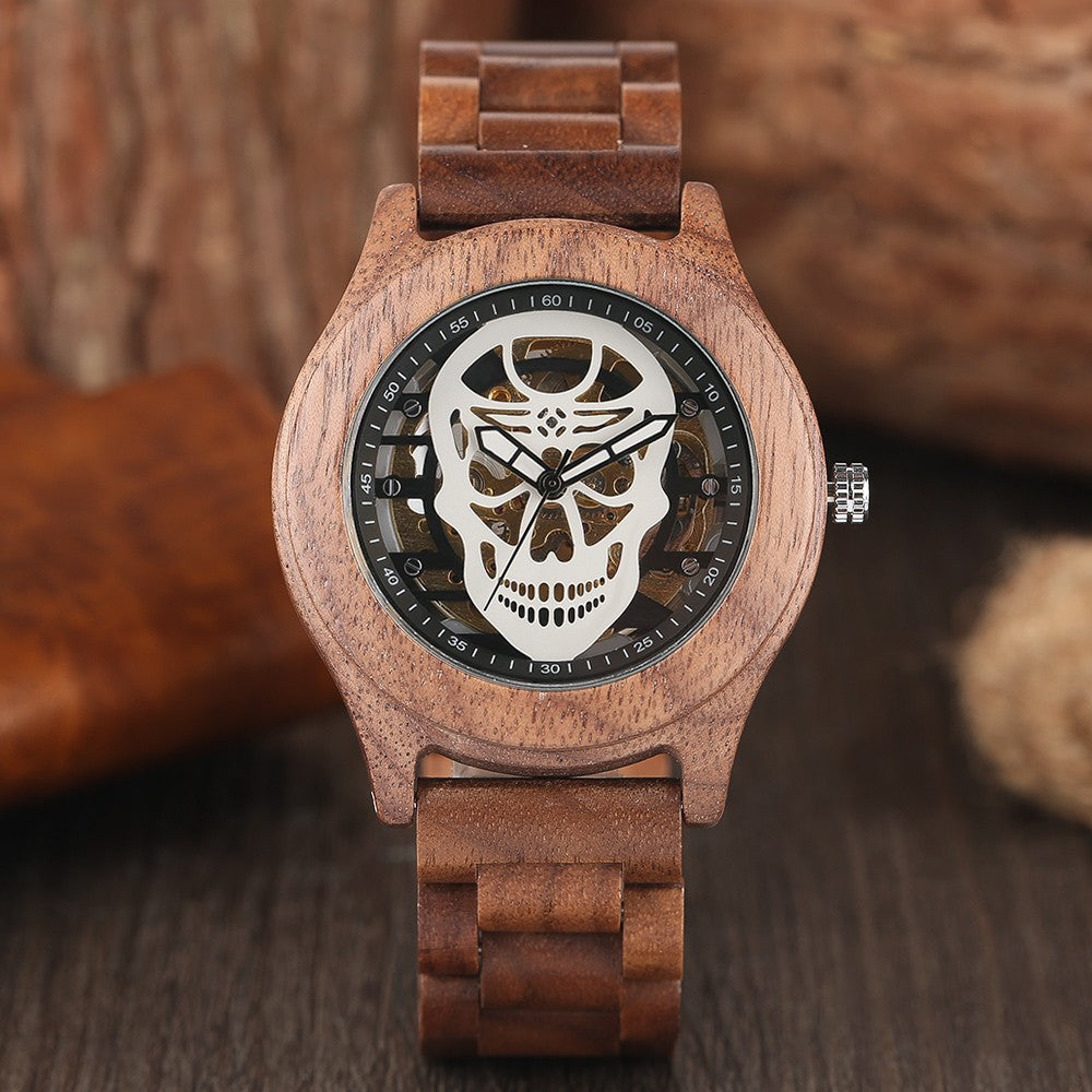 Mens Automatic Wood Watches, Skeleton Skull Dial Wooden Self Winding Wristwatch, Bamboo Wristwatch Bracelet