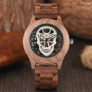Mens Automatic Wood Watches, Skeleton Skull Dial Wooden Self Winding Wristwatch, Bamboo Wristwatch Bracelet